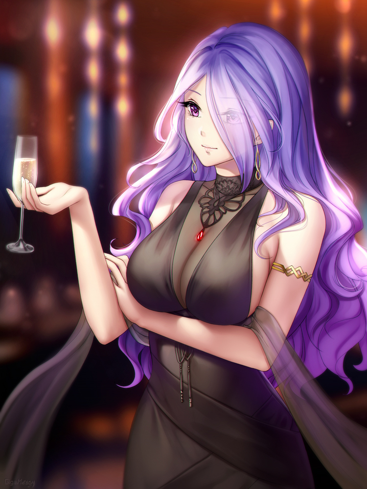 alcohol bare_shoulders black_dress blue_hair breasts camilla_(fire_emblem_if) champagne champagne_flute cleavage collarbone cosplay crossed_arms cup dress drinking_glass dsr-50_(girls_frontline) dsr-50_(girls_frontline)_(cosplay) earrings fire_emblem fire_emblem_heroes fire_emblem_if formal gigamessy girls_frontline hair_over_one_eye jewelry large_breasts long_hair purple_eyes purple_hair see-through sideboob solo upper_body wavy_hair wine wine_glass