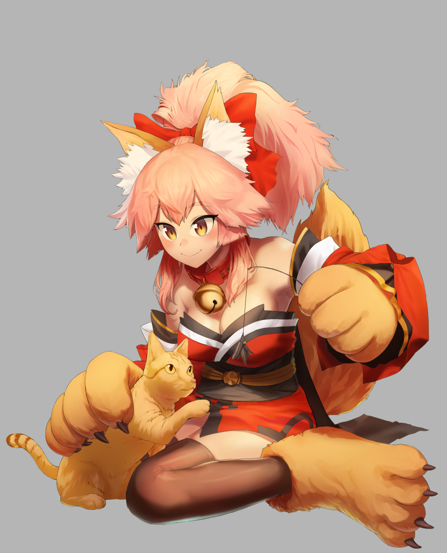animal animal_ear_fluff animal_ears bell bell_collar black_legwear blush_stickers breasts cat cat_paws cleavage collar fang fate/grand_order fate_(series) fox_ears fox_tail gloves grey_background hair_ribbon jdw jingle_bell large_breasts long_hair open_mouth paw_gloves paw_shoes paws pink_hair ponytail red_ribbon ribbon shoes simple_background solo tail tamamo_(fate)_(all) tamamo_cat_(fate)