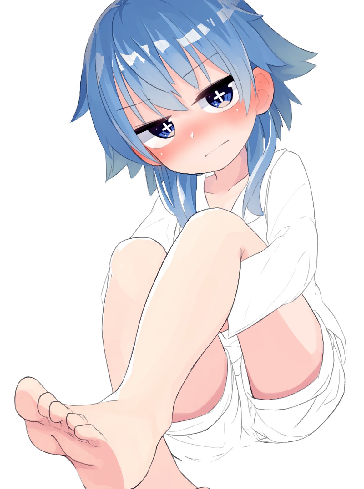 +_+ 1girl barefoot blue_hair blush feet female original partially_colored soles solo symbol-shaped_pupils tikaminchat toes