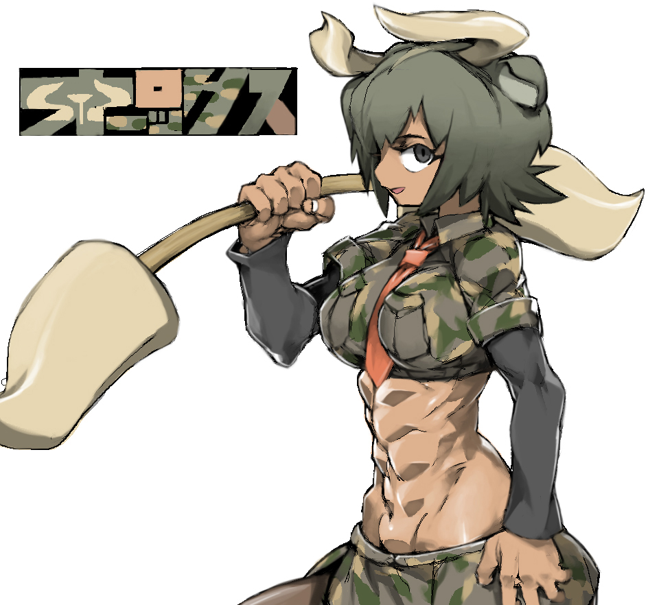 abs animal_ears arm_at_side aurochs_(kemono_friends) bangs between_breasts black_eyes breast_pocket breasts brown_legwear camouflage camouflage_shirt camouflage_skirt character_name collared_shirt cow_ears crop_top cropped_shirt dark_skin from_side green_hair groin hand_up holding holding_weapon horn_lance horns impossible_clothes impossible_shirt kemono_friends long_sleeves looking_at_another looking_at_viewer lowleg_skirt midriff navel necktie necktie_between_breasts open_mouth pantyhose pocket red_neckwear shirt short_hair short_over_long_sleeves short_sleeves side_slit simple_background skirt smile solo stomach toned upper_body weapon white_background wing_collar ysk!