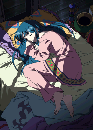 aqua_hair barefoot closed_eyes from_above long_hair long_sleeves lowres lucia_(lunar) lunar lunar_2:_eternal_blue lying official_art on_bed on_side pajamas pillow sleeping solo window_shade