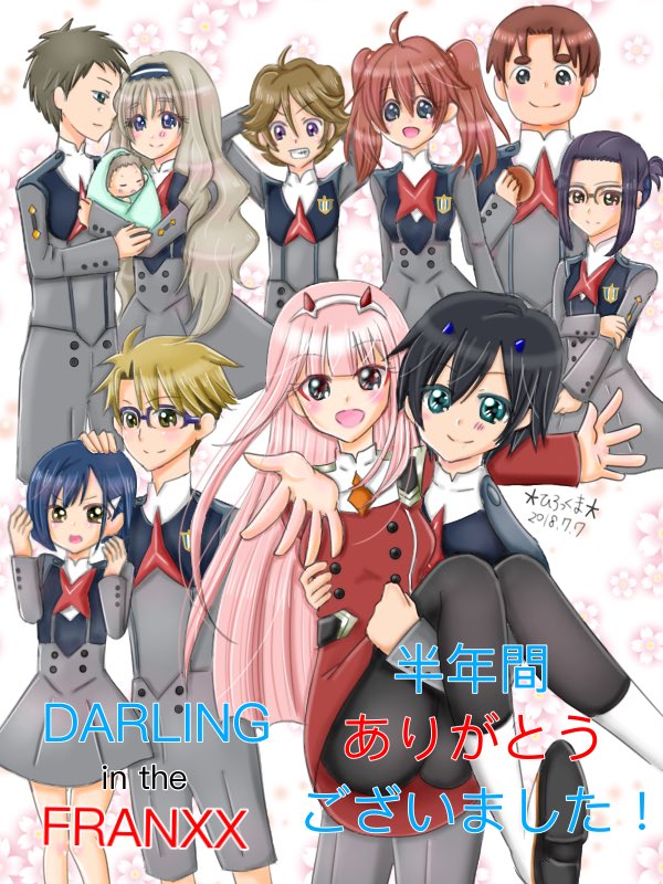 5boys 6+girls ahoge ai_(darling_in_the_franxx) baby bangs black_hair black_legwear blonde_hair blue_eyes blue_horns blush boots brown_eyes brown_footwear brown_hair carrying commentary_request couple darling_in_the_franxx dated eyebrows_visible_through_hair floral_background flower food futoshi_(darling_in_the_franxx) glasses gorou_(darling_in_the_franxx) green_eyes hair_ornament hairband hairclip hamburger hand_on_own_arm high_ponytail hiro_(darling_in_the_franxx) holding holding_food horns ichigo_(darling_in_the_franxx) ikuno_(darling_in_the_franxx) kokoro_(darling_in_the_franxx) light_brown_hair long_hair long_sleeves looking_at_another looking_at_viewer miku_(darling_in_the_franxx) military military_uniform mitsuru_(darling_in_the_franxx) multiple_boys multiple_girls necktie oni_horns open_clothes orange_neckwear pantyhose pink_hair ponytail princess_carry purple_eyes purple_hair purple_hairband red_hair red_horns red_neckwear rirakkumahiroko shoes short_hair socks thick_eyebrows translation_request twintails uniform white_footwear white_hairband white_hairclip yellow_eyes zero_two_(darling_in_the_franxx) zorome_(darling_in_the_franxx)