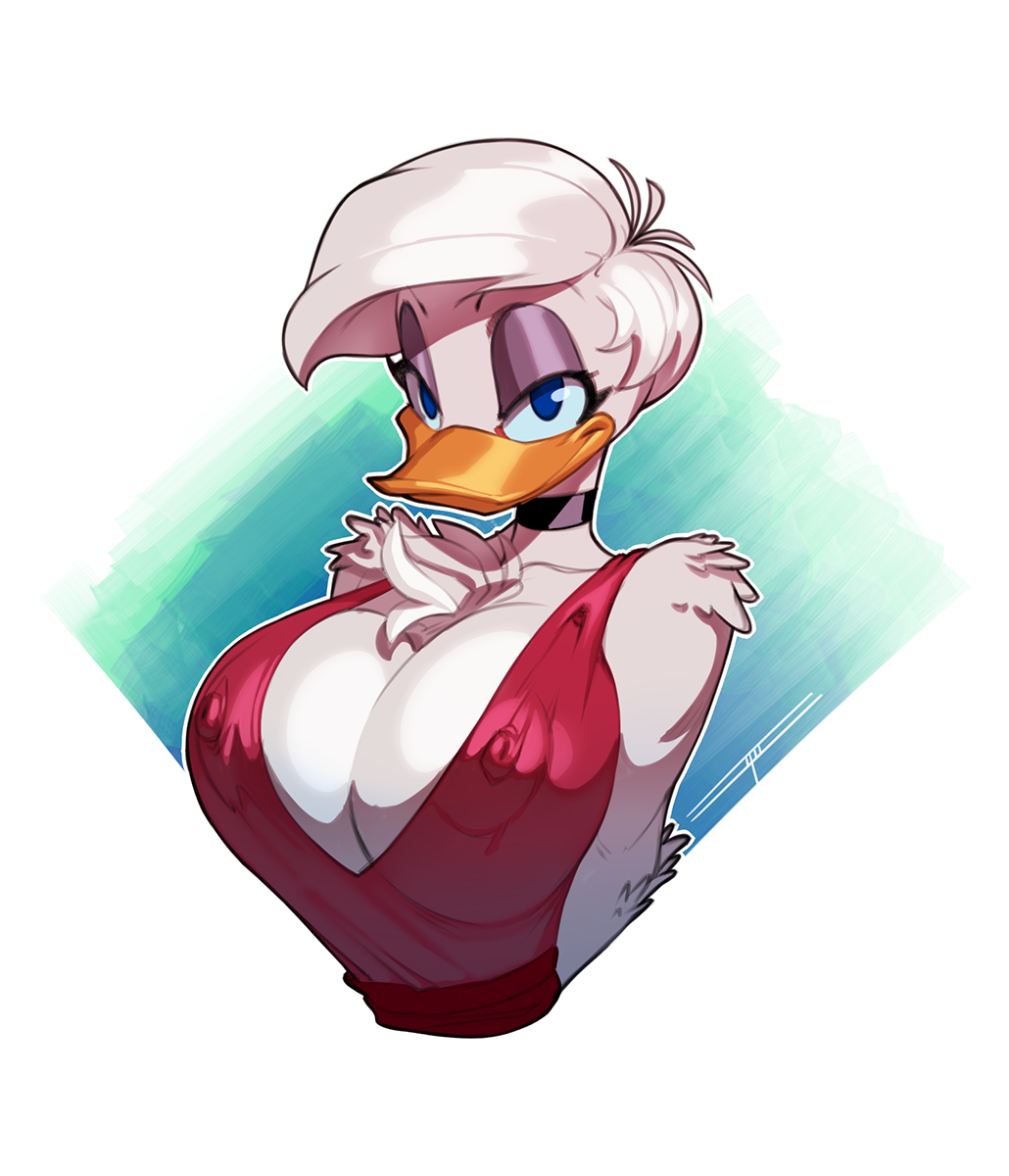 2018 anthro avian beak big_breasts bird blue_eyes breasts chest_tuft choker cleavage clothed clothing daisy_duck digital_media_(artwork) disney duck eyeshadow feathers female hair half-closed_eyes looking_at_viewer makeup nipple_bulge red_shirt simple_background smile tuft white-devil white_background white_feathers white_hair