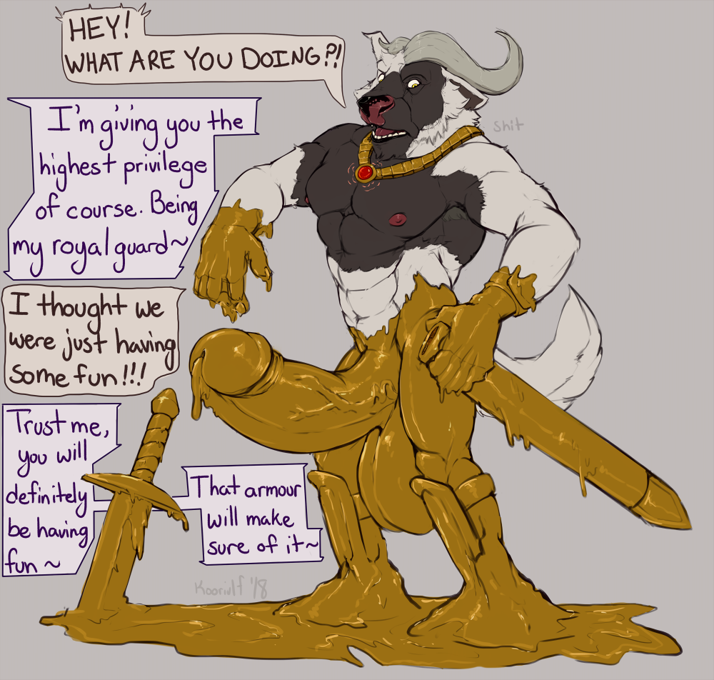 2018 5_fingers abs anon_(koorivlf) anthro armor balls big_balls big_penis bovine canine clothing cum dialogue digital_drawing_(artwork) digital_media_(artwork) english_text erection full-length fur gold_(metal) gold_jewelry goo_transformation growth horn humanoid_penis hyper jewelry koorivlf magic male mammal melee_weapon muscle_growth muscular muscular_male necklace nipples nude open_mouth pecs penis petrification portrait precum scabbard simple_background skinsuit solo standing surprise sword teeth text thic_penis tight_clothing transformation uncut unfinished unseen_character unusual_cum vein veiny_penis weapon white_fur wolf