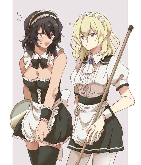 alpachiiino alternate_costume andou_(girls_und_panzer) apron ascot bangs black_dress black_hair black_hairband black_legwear black_neckwear black_skirt blonde_hair blue_eyes blush bow bowtie breasts brooch broom brown_eyes cleavage closed_mouth commentary dark_skin detached_collar dress embarrassed enmaided frilled_apron frilled_dress frills fume girls_und_panzer hairband holding jewelry light_frown lolita_hairband looking_at_viewer maid maid_headdress medium_breasts medium_hair messy_hair miniskirt multiple_girls oshida_(girls_und_panzer) pantyhose pillarboxed pleated_skirt puffy_short_sleeves puffy_sleeves saprkle shirt short_dress short_sleeves single_horizontal_stripe skirt skirt_tug standing strapless strapless_dress sweatdrop thighhighs tray waist_apron white_apron white_legwear white_neckwear white_shirt