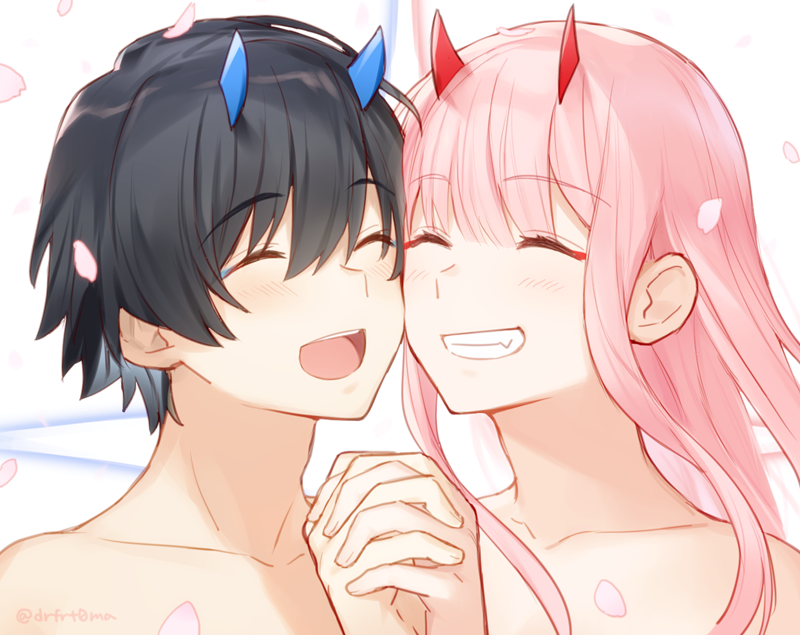 1girl bangs black_hair blue_horns blush closed_eyes commentary_request couple darling_in_the_franxx eyebrows_visible_through_hair fang happy hetero hiro_(darling_in_the_franxx) holding_hands horns interlocked_fingers long_hair oni_horns open_mouth petals pink_hair red_horns shirtless signature toma_(norishio) zero_two_(darling_in_the_franxx)