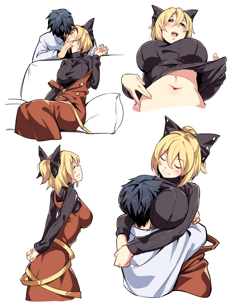1girl :d arms_behind_back asutora black_bow black_hair black_sweater blonde_hair blush bow breast_smother breasts brown_dress closed_eyes clothes_lift commentary_request couple cowboy_shot cropped_torso dress eyebrows_visible_through_hair from_side grin hair_between_eyes hair_bow half_updo hetero highres holding_hands hug interlocked_fingers kiss kurodani_yamame large_breasts lifted_by_self long_sleeves multiple_views navel open_mouth parted_lips pillow profile ribbed_sweater ribbon shirt short_hair short_ponytail simple_background sitting smile standing stomach sweater sweater_lift touhou white_background white_shirt