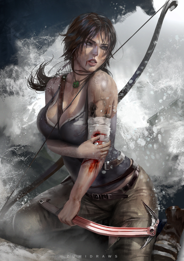 artist_name bandaged_arm bandages bangs bare_shoulders belt blood blood_in_mouth bloody_bandages bow_(weapon) bra breasts brown_footwear brown_hair brown_pants cleavage collarbone commentary cuts english_commentary grey_eyes grey_tank_top holding holding_own_arm holding_weapon injury jewelry lara_croft large_breasts low_ponytail necklace pants parted_lips ponytail rock seiza sitting splashing tank_top tomb_raider tomb_raider_(reboot) underwear water waves weapon white_bra zumi_(zumidraws)