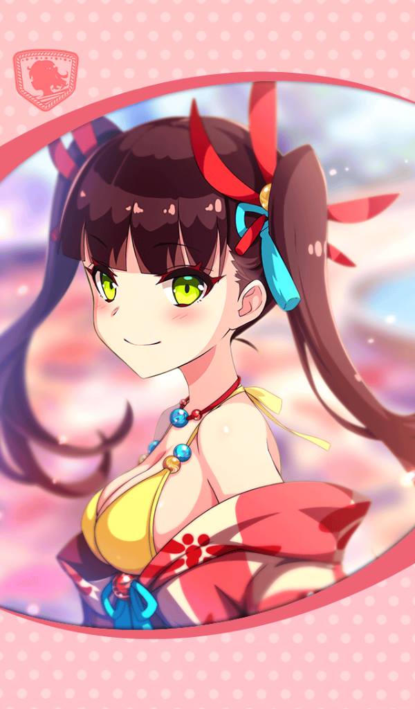 artist_request bikini blush breasts brown_hair cleavage eyebrows_visible_through_hair framed_image green_eyes hair_ornament jewelry looking_at_viewer necklace official_art phantom_of_the_kill ribbon smile swimsuit tonbokiri_(phantom_of_the_kill) twintails yellow_bikini yellow_bikini_top