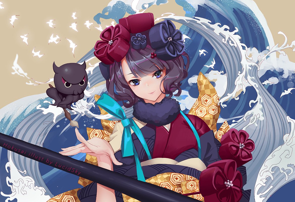 commentary english_commentary fate/grand_order fate_(series) flower giant_brush hair_flower hair_ornament head_tilt japanese_clothes katsushika_hokusai_(fate/grand_order) kimono looking_at_viewer octopus paintbrush purple_eyes purple_hair short_hair smile solo tokitarou_(fate/grand_order) waves yume_ou