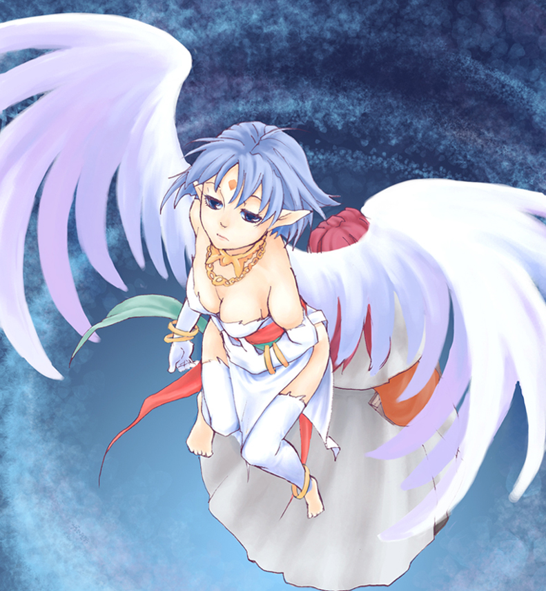 anklet bad_feet barefoot blue_hair breasts bridal_gauntlets bridal_legwear cleavage commentary_request dress elbow_gloves feet filia_(star_ocean) floating forehead_jewel gloves jewelry pointy_ears short_hair solo star_ocean star_ocean_the_second_story touyama_sabu wings