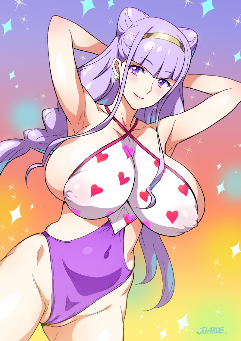 arms_behind_head arms_up breasts collarbone covered_navel covered_nipples earrings gradient gradient_background groin hairband hips huge_breasts hugtto!_precure jewelry joy_ride lavender_hair long_hair orange_background precure purple_background purple_eyes ruru_amour signature skindentation solo very_long_hair