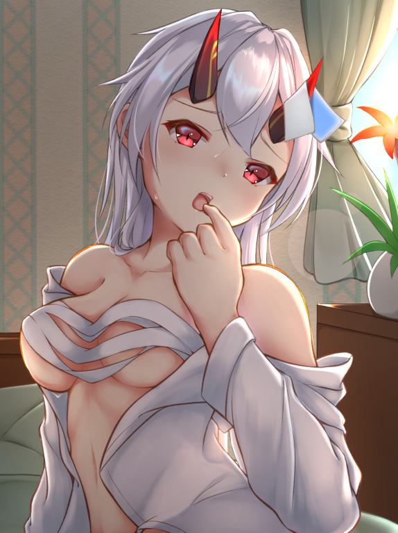 :o bad_id bad_pixiv_id blush breasts budget_sarashi collarbone commentary_request fate/grand_order fate_(series) horns inora long_hair looking_at_viewer medium_breasts off_shoulder open_clothes open_shirt red_eyes sarashi silver_hair solo tomoe_gozen_(fate/grand_order)