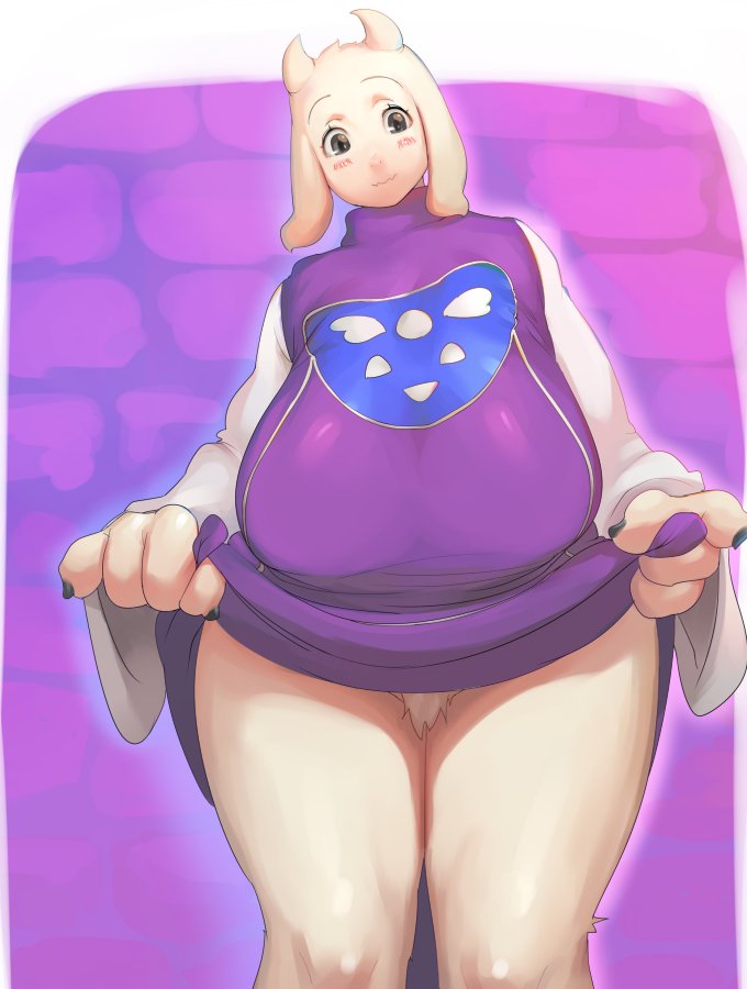 black_eyes black_nails bottomless breasts clothed clothing clothing_lift colored_nails convenient_censorship dress dress_lift female front_view fur muraachi2gou overweight pubes skirt skirt_lift smile solo standing toriel undertale video_games white_fur