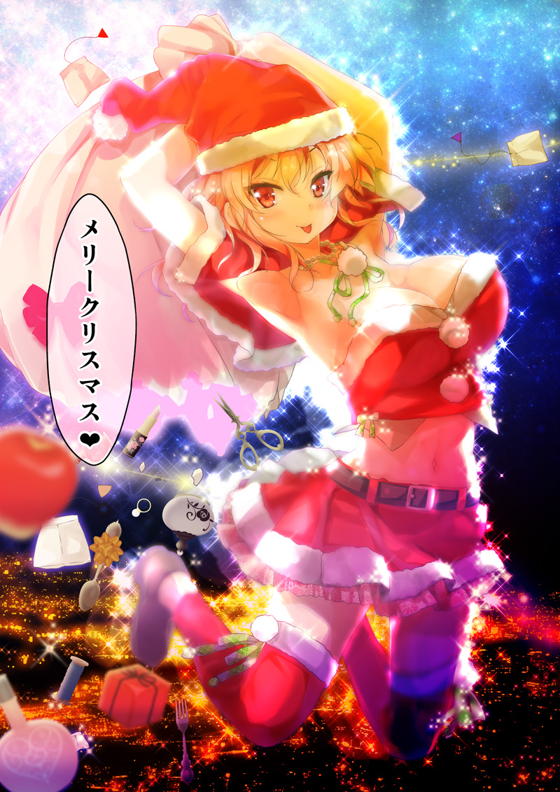 :p apple armpits arms_up bangs belt blonde_hair bottle box breasts cafe-chan_to_break_time capelet christmas cityscape cleavage crop_top floating food fork fruit fur-trimmed_capelet fur-trimmed_hat fur-trimmed_legwear fur-trimmed_skirt fur_trim gift gift_box green_neckwear hat holding holding_sack jewelry jumping large_breasts leg_warmers lipstick_tube looking_at_viewer merry_christmas navel neck_ribbon necklace night omamori over_shoulder pearl_necklace perfume_bottle pom_pom_(clothes) porurin red_capelet red_eyes red_hat red_skirt ribbon ring sack santa_costume santa_hat scissors shoes skirt sky solo spool spoon star_(sky) starry_sky tea_(cafe-chan_to_break_time) tongue tongue_out translation_request