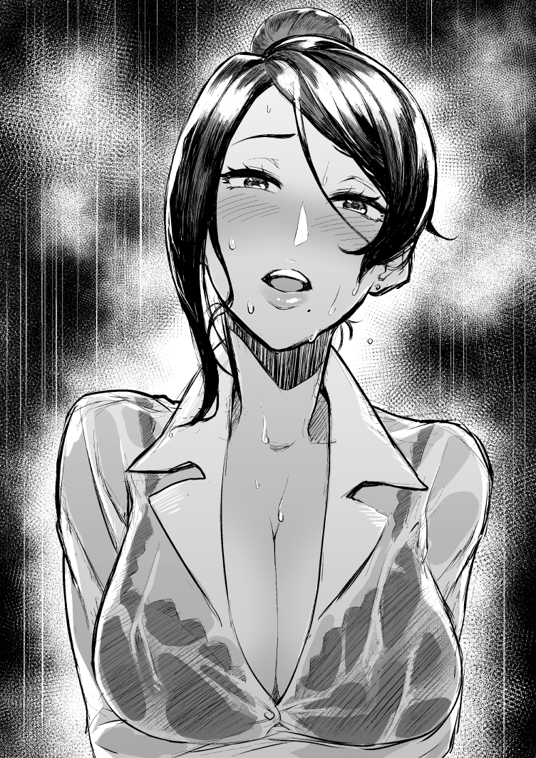 bangs bijin_onna_joushi_takizawa-san black_hair blush bra breast_hold breasts cleavage collarbone earrings formal greyscale hair_bun jewelry lace lace_bra large_breasts looking_at_viewer mature mole mole_under_mouth monochrome office_lady open_mouth rain see-through solo standing swept_bangs takizawa_kyouko tkhs underwear water_drop wet wet_clothes wet_hair