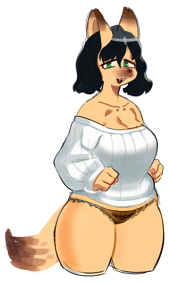 4_fingers anthro beauty_mark bedroom_eyes big_breasts black_hair bottomless breasts canine chi-iz cleavage clothed clothing dog female fur green_eyes hair half-closed_eyes looking_at_viewer mammal open_mouth panties pose seductive short_hair solo standing sweater tan_fur thick_thighs underwear