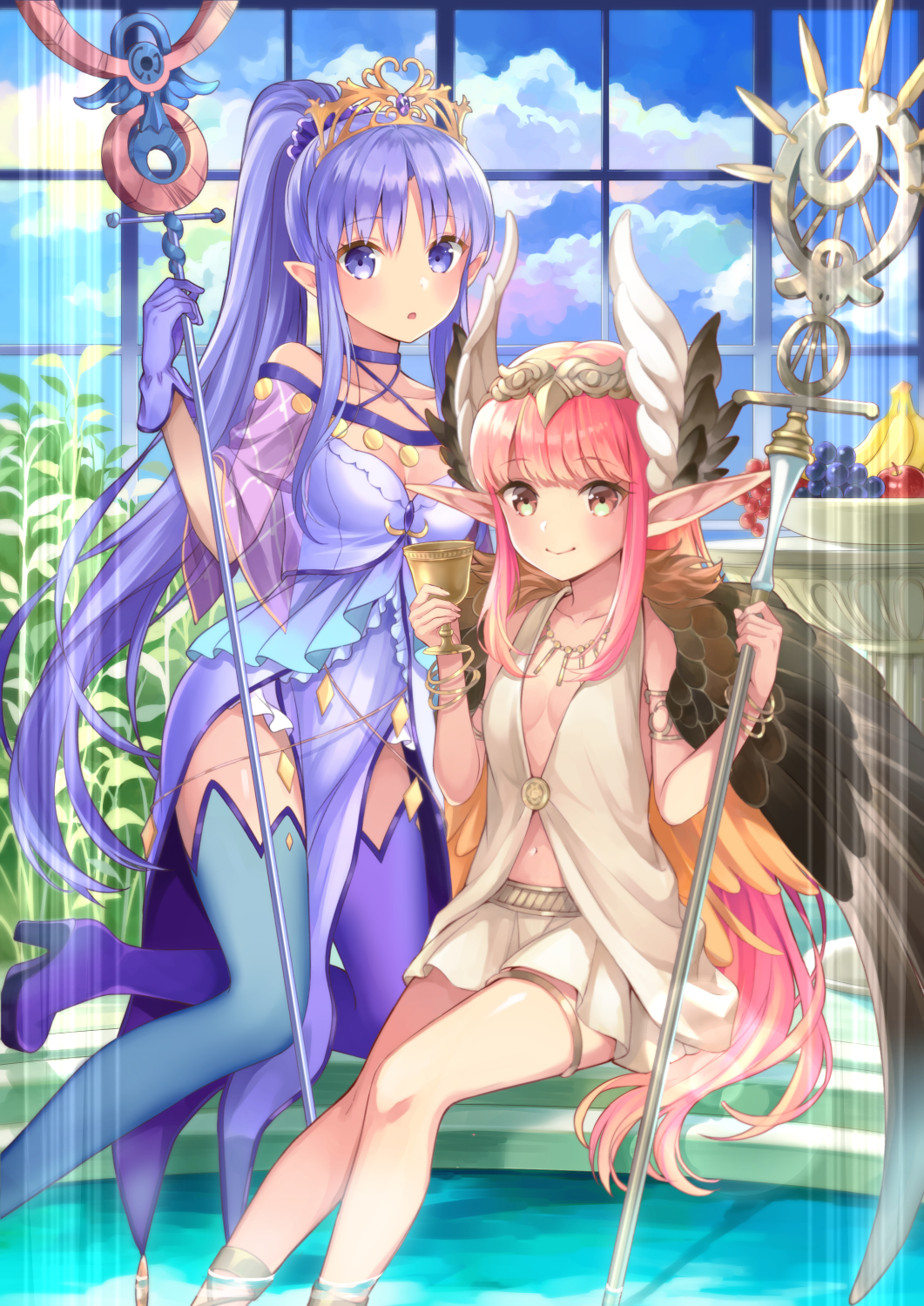 :o aunt_and_niece blue_eyes blue_hair boots bracelet breasts brown_eyes caster_lily chalice circe_(fate/grand_order) commentary_request cup fate/grand_order fate_(series) gloves highres jewelry long_hair looking_at_viewer md5_mismatch mismatched_footwear multiple_girls navel pink_hair pixiv_fate/grand_order_contest_2 pointy_ears ponytail skirt small_breasts staff thigh_boots thighhighs tiara very_long_hair wings yumesaki