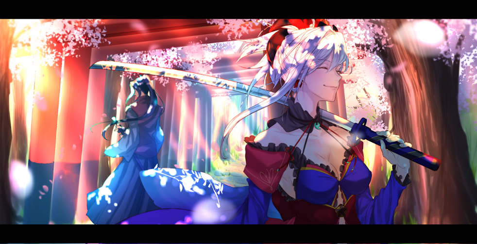 1girl assassin_(fate/stay_night) asymmetrical_hair blue_kimono breasts cherry_blossoms cleavage closed_eyes commentary_request detached_sleeves fate/grand_order fate_(series) hair_ribbon japanese_clothes katana kimono large_breasts long_hair magatama magatama_necklace miyamoto_musashi_(fate/grand_order) over_shoulder pixiv_fate/grand_order_contest_2 ponytail purple_hair ribbon short_ponytail smile solo_focus sword sword_over_shoulder weapon weapon_over_shoulder yat573