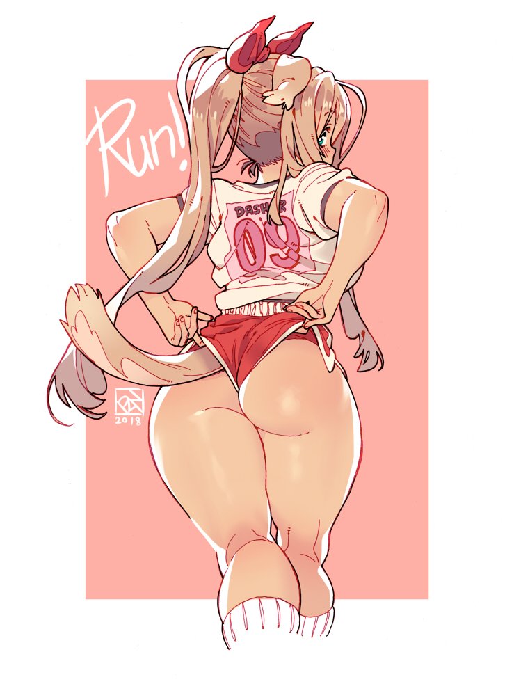 2018 animal_ears ass back blonde_hair bow dated dog_ears dog_tail hair_bow long_hair looking_back original poch4n ponytail red_shorts short_sleeves shorts tail wedgie