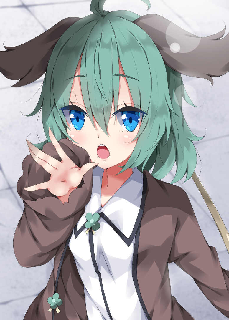 ahoge animal_ears bangs blue_eyes blush brown_jacket chestnut_mouth collared_shirt commentary day eyebrows_visible_through_hair fingernails green_hair hair_between_eyes hand_up jacket kasodani_kyouko long_hair long_sleeves looking_at_viewer milkpanda open_mouth outdoors shirt sleeves_past_wrists solo touhou upper_teeth white_shirt