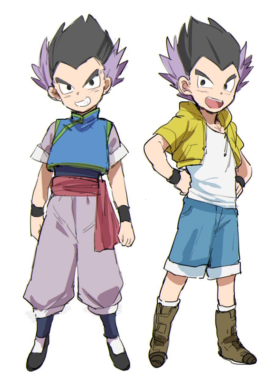 :d alternate_costume arms_at_sides bidarian black_eyes black_hair boots chinese_clothes cosplay dragon_ball dragon_ball_super frown full_body gotenks hand_on_hip highres jacket male_focus multicolored_hair open_mouth purple_hair shirt short_hair shorts simple_background smile socks son_goten son_goten_(cosplay) spiked_hair teeth trunks_(dragon_ball) trunks_(dragon_ball)_(cosplay) two-tone_hair white_background white_legwear white_shirt wristband yellow_jacket