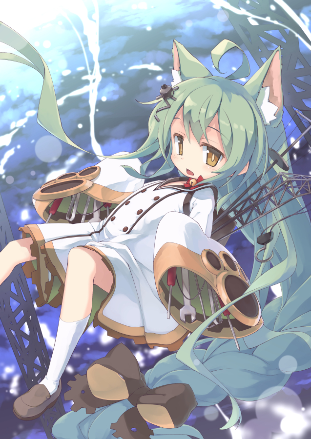 absurdly_long_hair ahoge akashi_(azur_lane) animal_ears azur_lane bangs bell black_bow black_sailor_collar blush bow braid brown_eyes brown_footwear cat_ears commentary_request crane dress eyebrows_visible_through_hair green_hair hair_bow jingle_bell loafers long_hair long_sleeves looking_at_viewer nekoguruma open_mouth red_bow sailor_collar sailor_dress screwdriver shoes sleeves_past_fingers sleeves_past_wrists socks solo very_long_hair white_dress white_legwear wide_sleeves wrench