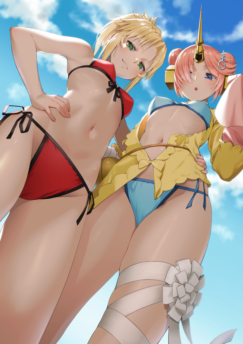 arm_around_waist bikini blonde_hair blue_bikini blue_eyes blue_sky breasts commentary_request day double_bun fate/grand_order fate_(series) foreshortening frankenstein's_monster_(fate) frankenstein's_monster_(swimsuit_saber)_(fate) from_below front-tie_bikini front-tie_top green_eyes hair_ornament hair_over_one_eye hand_on_hip highres horn leg_ribbon looking_at_viewer looking_down mordred_(fate)_(all) mordred_(swimsuit_rider)_(fate) multiple_girls navel outdoors pink_hair ponytail red_bikini ribbon saruchitan short_hair side-tie_bikini skindentation sky sleeves_past_wrists small_breasts swimsuit