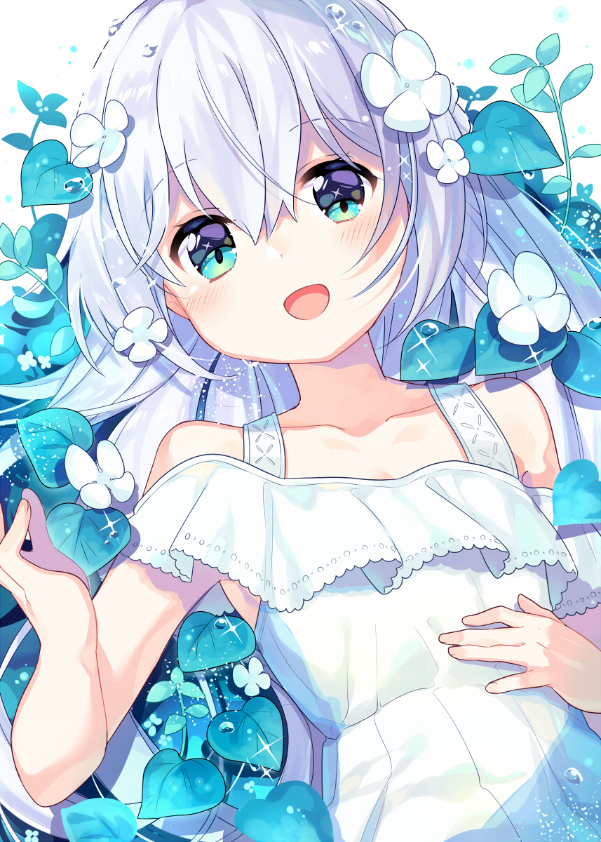 :d bangs bare_shoulders blue_eyes blush collarbone commentary_request dress eyebrows_visible_through_hair fingernails flower hair_between_eyes hair_flower hair_ornament hand_on_own_chest highres ikari_(aor3507) long_hair looking_at_viewer open_mouth original silver_hair sleeveless sleeveless_dress smile solo sparkle sundress upper_body water_drop white_dress