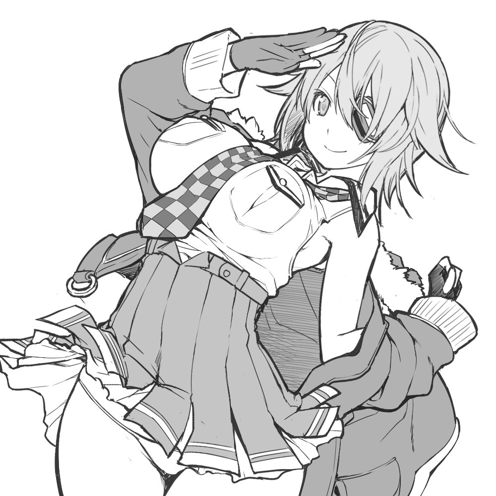 bare_shoulders breasts checkered checkered_neckwear commentary_request dutch_angle eyepatch fingerless_gloves gloves greyscale hair_between_eyes kantai_collection kintarou_(kintarou's_room) large_breasts monochrome necktie panties remodel_(kantai_collection) salute short_hair skirt smile solo tenryuu_(kantai_collection) thigh_gap thighs underwear white_background
