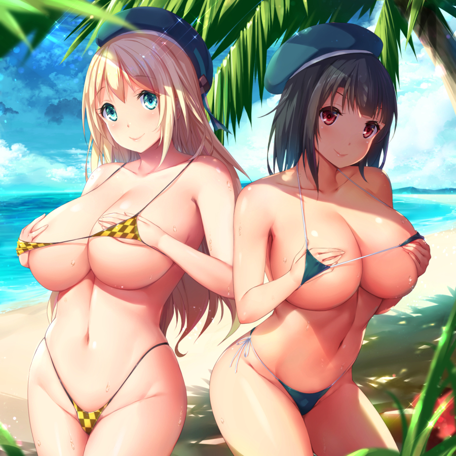 atago_(kantai_collection) bangs beach beret bikini black_hair blonde_hair blue_bikini blue_eyes blue_sky blush breasts checkered checkered_bikini cleavage cloud collarbone commentary_request covering covering_breasts day eyebrows_visible_through_hair green_eyes groin hair_between_eyes hat highleg highleg_bikini huge_breasts kantai_collection kongeraatio leaning long_hair looking_at_viewer micro_bikini multiple_girls navel ocean outdoors palm_tree red_eyes sand shade short_hair side-tie_bikini sidelocks skindentation sky smile sparkle stomach swimsuit takao_(kantai_collection) tree wet