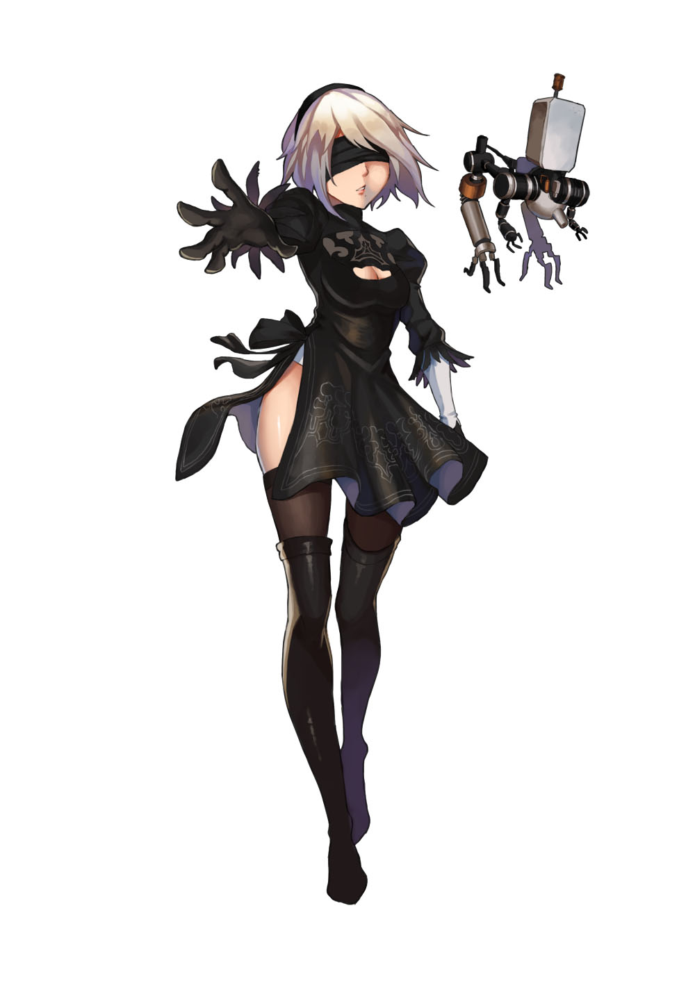 black_blindfold black_dress black_hair black_hairband blindfold boots breasts cleavage cleavage_cutout commentary_request covered_eyes dress facing_viewer feather-trimmed_sleeves full_body grey_hair hairband highres juliet_sleeves leather leather_boots leotard long_legs long_sleeves medium_breasts nier_(series) nier_automata pod_(nier_automata) puffy_sleeves reaching shiraha_(pixiv10239953) short_hair simple_background solo standing thigh_boots thighhighs thighhighs_under_boots vambraces white_background white_leotard yorha_no._2_type_b