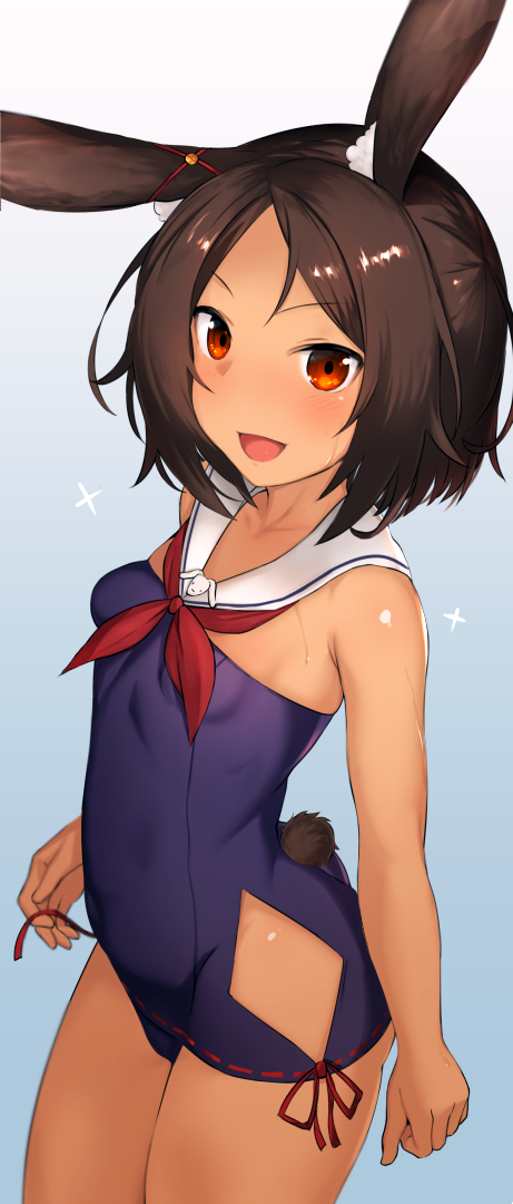 :d animal_ears azur_lane brown_eyes brown_hair bunny_ears commentary_request dark_skin detached_collar i-26_(azur_lane) mathew_(srmmk_mce) one-piece_swimsuit open_mouth ribbon-trimmed_swimsuit ribbon_trim sailor_collar school_swimsuit short_hair smile solo strapless strapless_swimsuit swimsuit