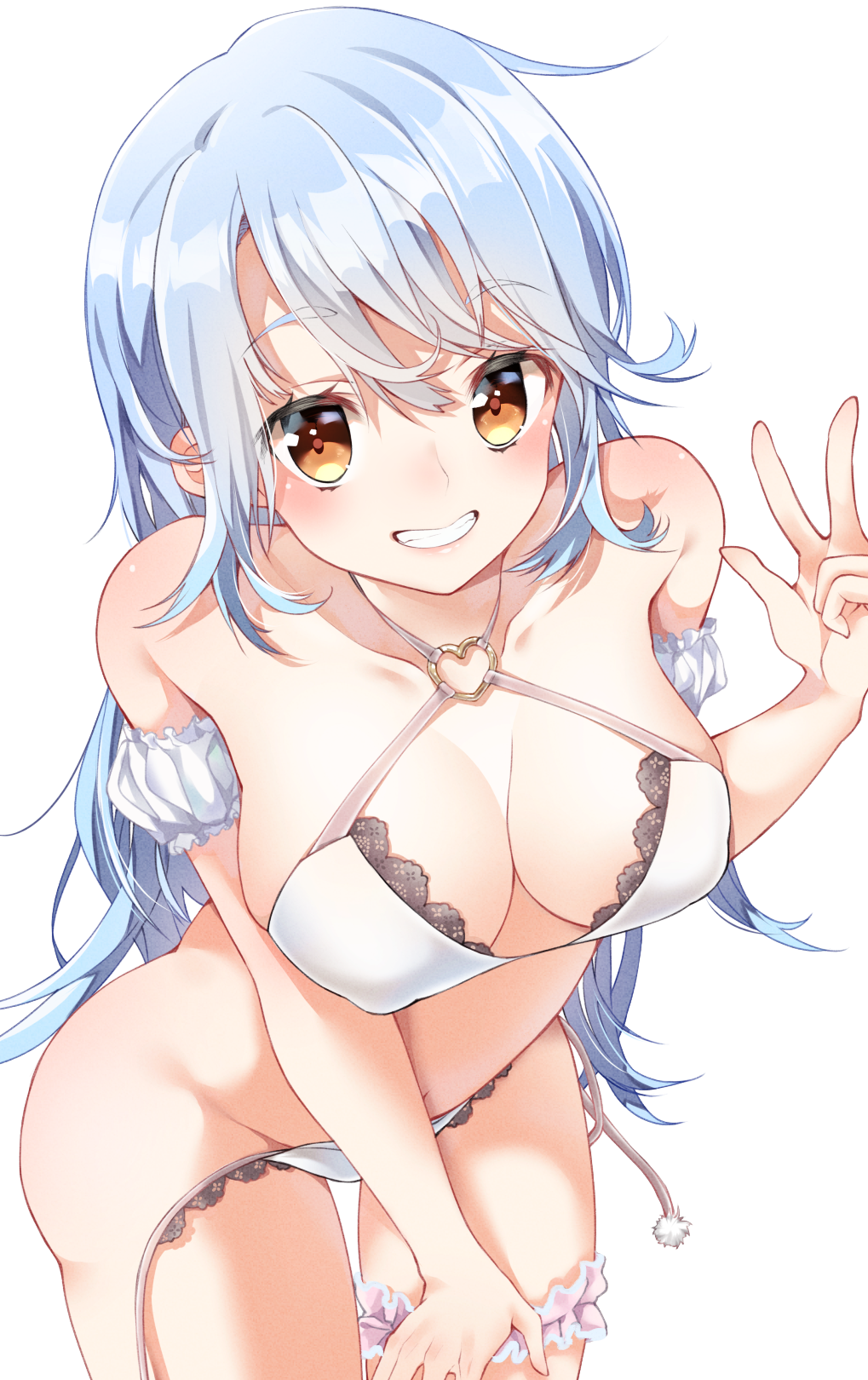 bangs bare_shoulders bikini blue_hair breasts brown_eyes cleavage collarbone commentary_request covered_nipples criss-cross_halter eyebrows_visible_through_hair halterneck heart_ring_top highres large_breasts lips long_hair looking_at_viewer original panties parted_lips sakippo_(sakippo0) shiny shiny_hair shiny_skin side-tie_bikini sidelocks simple_background smile swimsuit thigh_strap underwear wardrobe_malfunction white_background