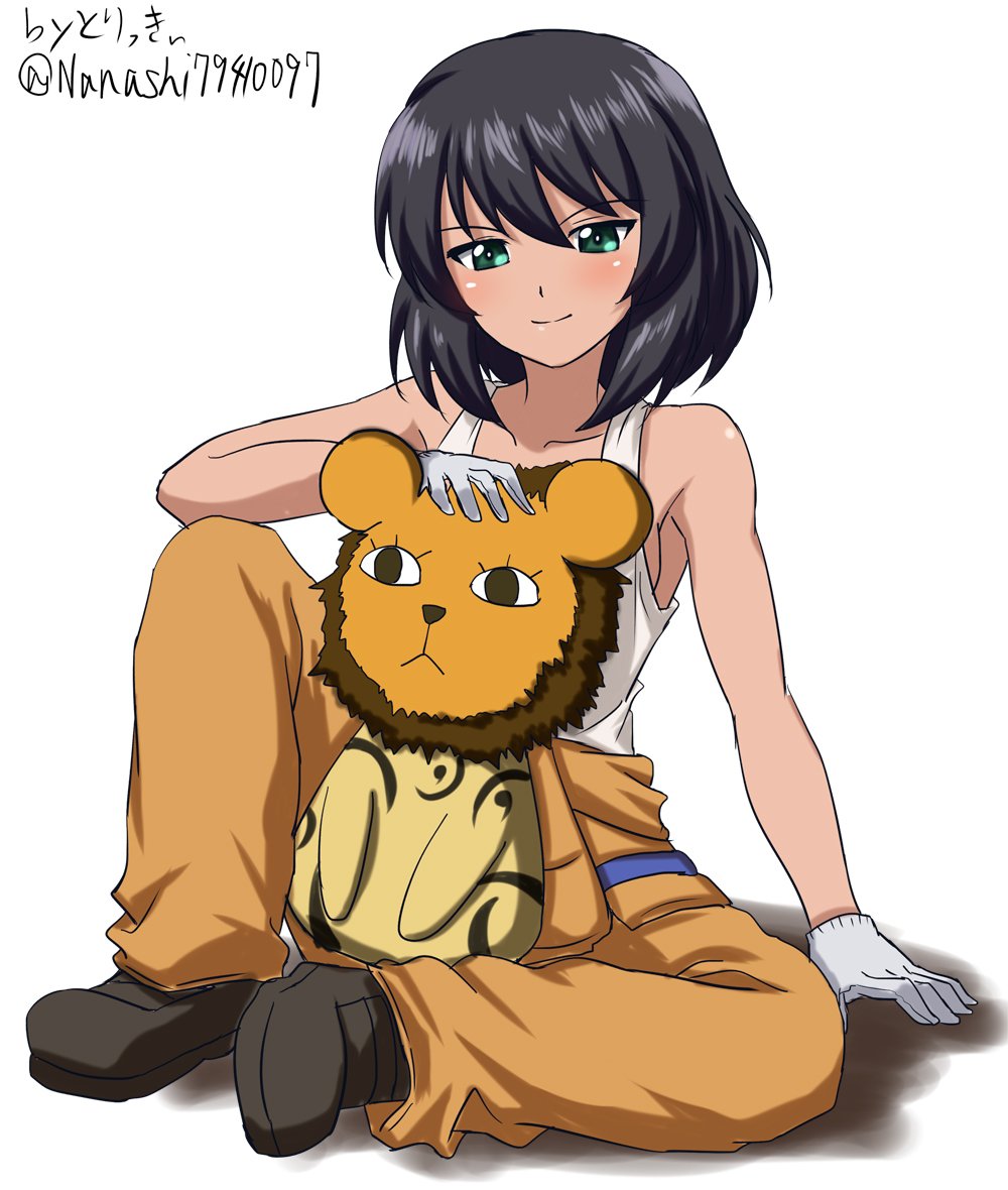 arm_support artist_name bangs black_footwear brown_hair closed_mouth clothes_around_waist commentary dark_skin full_body girls_und_panzer gloves green_eyes holding holding_stuffed_animal hoshino_(girls_und_panzer) jumpsuit leopon_(animal) long_sleeves looking_at_viewer mechanic orange_jumpsuit shirt shoes short_hair signature simple_background sitting smile solo stuffed_animal stuffed_toy tank_top tied_shirt twitter_username white_background white_gloves white_shirt zanntetu