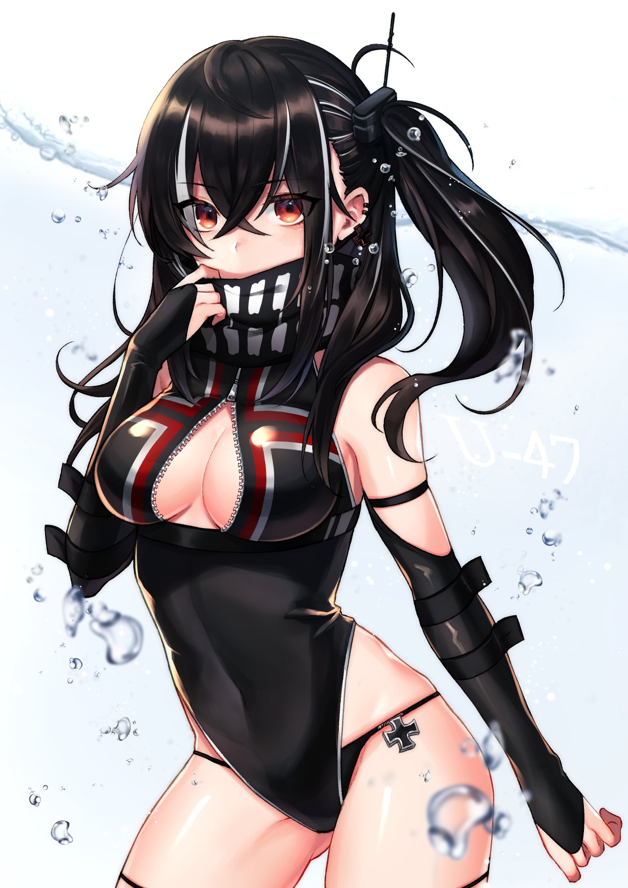 ass_visible_through_thighs azur_lane bandana_over_mouth bangs bikini bikini_bottom black_bikini black_earrings black_gloves black_hair black_leotard breasts bridal_gauntlets cleavage commentary_request covered_navel cowboy_shot crossed_bangs elbow_gloves gloves highres iron_cross leotard long_hair long_sleeves looking_at_viewer medium_breasts multicolored_hair one-piece_swimsuit one_side_up red_eyes shiny shiny_skin side_ponytail standing streaked_hair swimsuit two-tone_hair u-47_(azur_lane) water white_hair yakibird