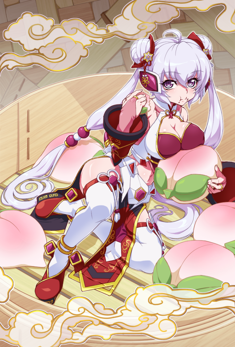 :t ahoge bare_shoulders breast_press breasts bridal_gauntlets chinese_clothes closed_mouth commentary_request covered_navel double_bun eating food fruit gloves hair_bun headgear large_breasts lavender_hair long_hair looking_at_viewer low_twintails midriff navel peach pelvic_curtain pillow pink_gloves purple_eyes red_footwear senki_zesshou_symphogear senki_zesshou_symphogear_xd_unlimited shiny shiny_hair shiny_skin shoes sitting solo thighhighs twintails uganda very_long_hair white_legwear yukine_chris