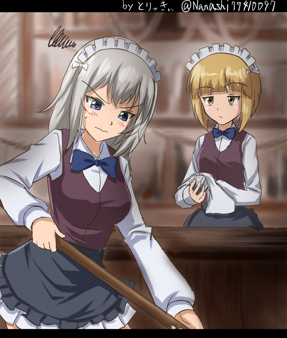 angry apron artist_name bangs bartender black_apron black_neckwear blonde_hair blue_eyes blunt_bangs blurry blurry_background bow bowtie broom brown_vest closed_mouth commentary cosplay cutlass_(girls_und_panzer) cutlass_(girls_und_panzer)_(cosplay) depth_of_field dress_shirt eyebrows_visible_through_hair frilled_apron frills frown girls_und_panzer glass holding holding_broom itsumi_erika letterboxed long_hair long_sleeves looking_at_another maid_headdress miniskirt multiple_girls pleated_skirt rag school_uniform shirt short_hair signature silver_hair sketch skirt squiggle standing sweatdrop twitter_username v-shaped_eyebrows vest waist_apron wavy_mouth white_shirt white_skirt wing_collar wiping yellow_eyes zanntetu
