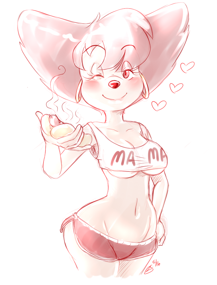 &lt;3 2016 anthro bluechika breasts canine cleavage clothed clothing disney dog ear_piercing eyelashes female food goof_troop hair half-closed_eyes holding_object hot_dog legs_together mammal mature_female midriff navel one_eye_closed peg_pete piercing short_hair shorts simple_background sketch smile solo standing text under_boob white_background wide_hips