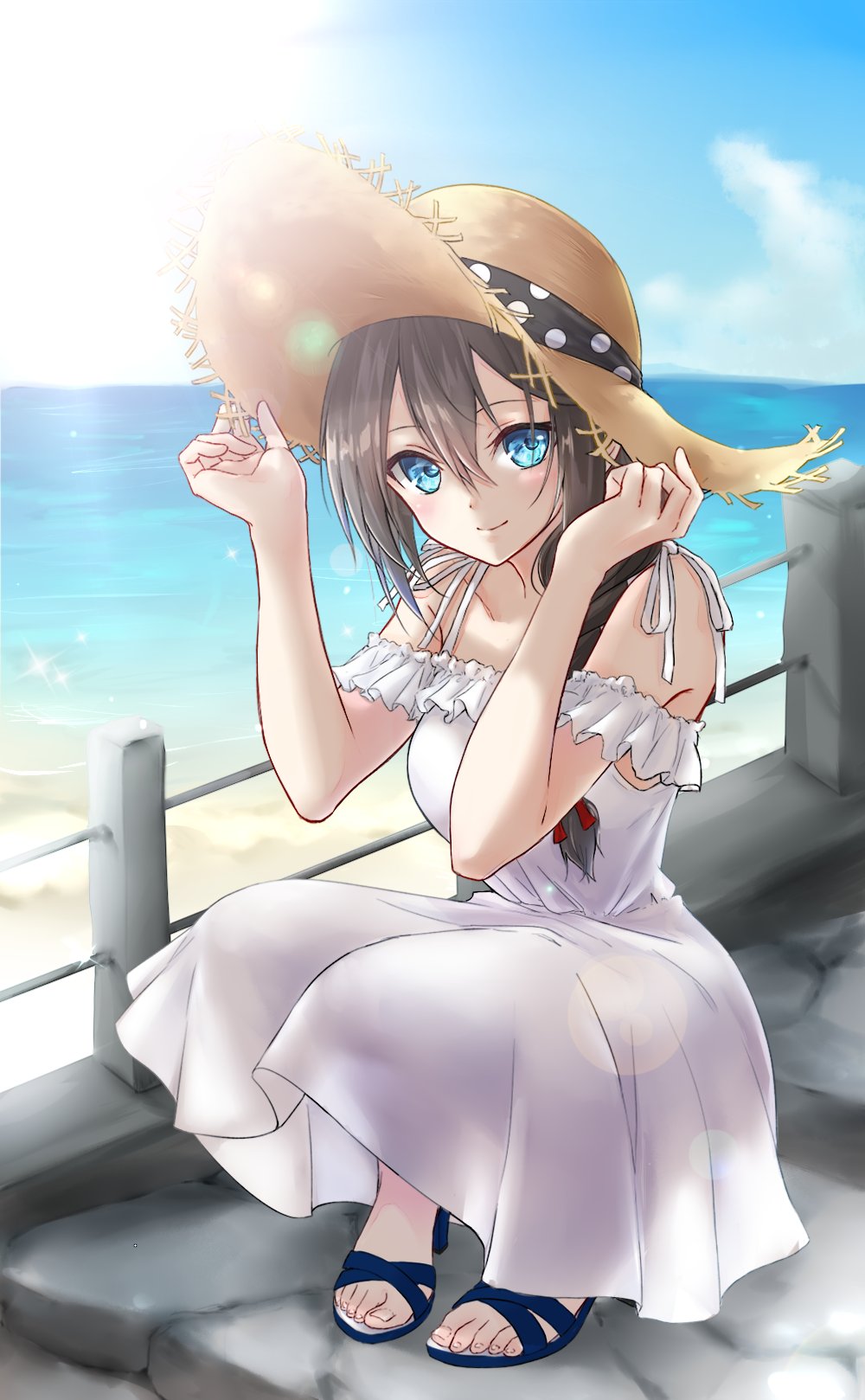 alternate_costume aoyashio_rin blue_eyes blue_sky braid breasts brown_hair cloud commentary day dress hair_between_eyes hat hat_holding high_heels highres kantai_collection long_braid long_hair medium_breasts ocean outdoors shigure_(kantai_collection) shore single_braid sky smile solo squatting straw_hat sundress water