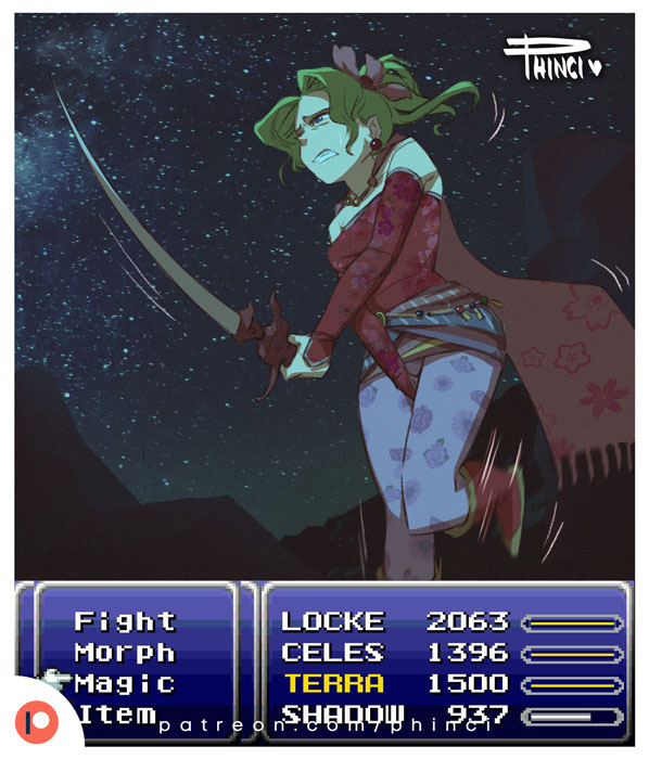1girl artist_name bare_shoulders between_legs blue_eyes boots border breasts cape character_name clenched_teeth cloud earrings english_text female final_fantasy final_fantasy_vi floral_print flower gameplay_mechanics hair_flower hair_ornament half-closed_eye hand_between_legs have_to_pee health_bar holding holding_sword holding_weapon jewelry knees_together_feet_apart leg_lift leggings long_sleeves motion_blur motion_lines night night_sky one_eye_closed outdoors patreon_logo patreon_username phinci pink_flower ponytail purple_legwear red_footwear red_shirt shirt signature sky small_breasts solo standing star_(sky) starry_sky sweat sword teeth tied_hair tina_branford trembling watermark weapon web_address white_border