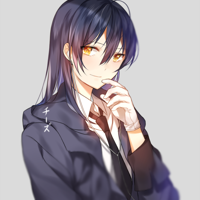 artist_name bad_id bad_pixiv_id black_hair black_jacket black_neckwear chi_zu_crazy earphones eyebrows_visible_through_hair gloves grey_background hair_between_eyes jacket long_hair looking_at_viewer love_live! love_live!_school_idol_project necktie open_clothes open_jacket shirt simple_background smile solo sonoda_umi white_gloves white_shirt yellow_eyes