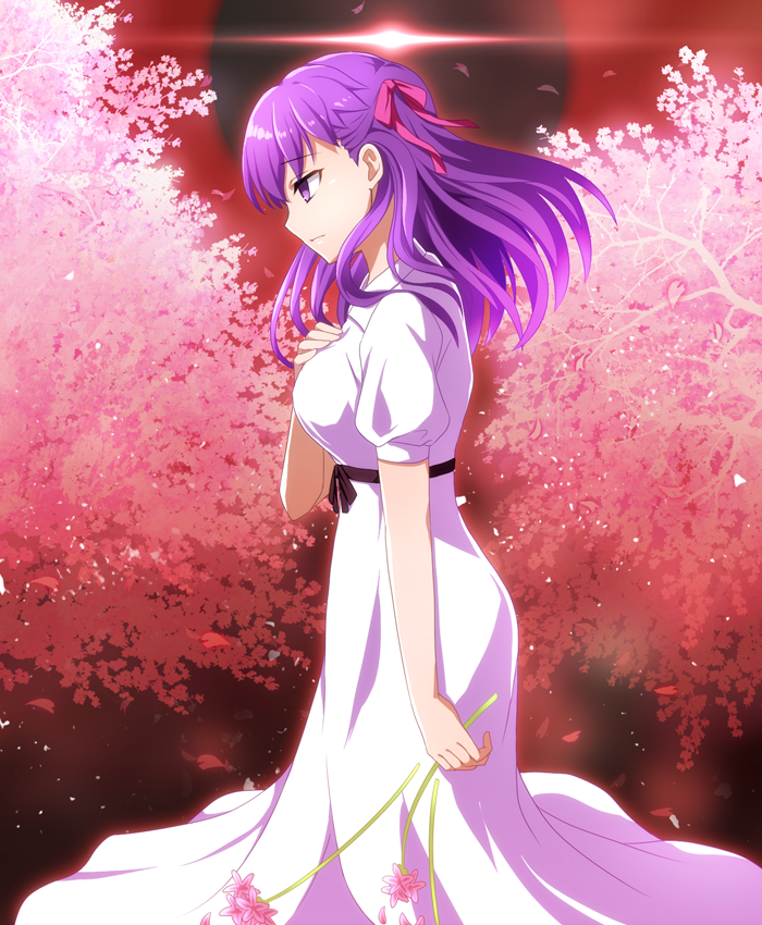 cimeri dress eyebrows_visible_through_hair fate/stay_night fate_(series) floating_hair flower from_side hair_between_eyes hair_ribbon holding holding_flower long_dress long_hair matou_sakura pink_flower purple_eyes purple_hair red_ribbon ribbon short_sleeves solo standing white_dress