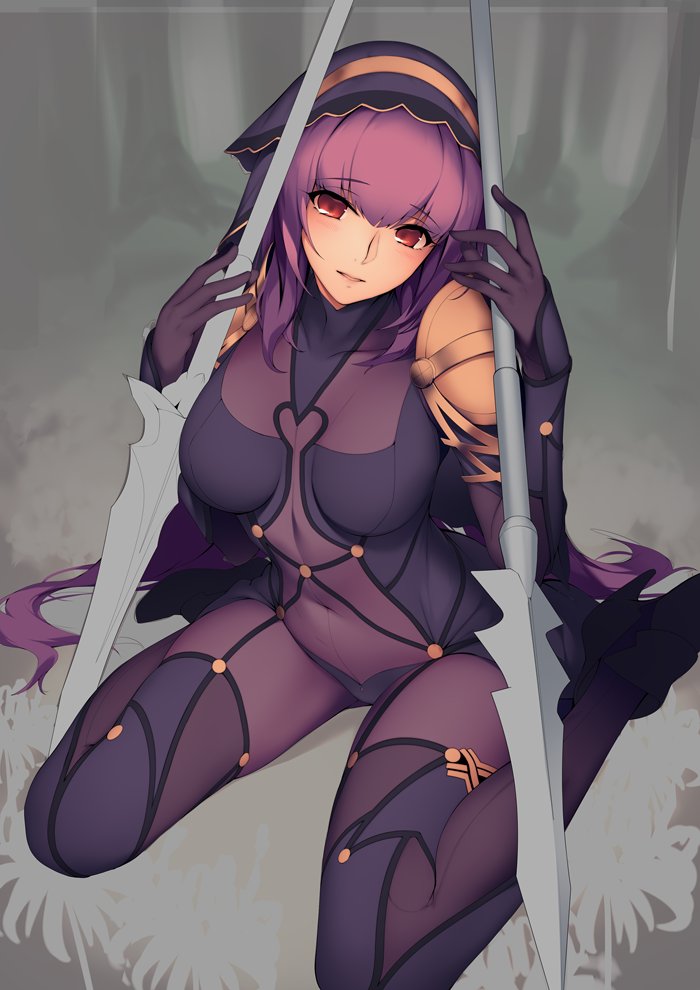 breasts commentary_request covered_navel fate/grand_order fate_(series) flower gae_bolg hair_intakes holding holding_weapon large_breasts long_hair looking_at_viewer pauldrons polearm purple_bodysuit purple_hair red_eyes ryuji_(ikeriu) scathach_(fate)_(all) scathach_(fate/grand_order) shoulder_armor sitting spear spider_lily tree veil very_long_hair wariza weapon work_in_progress
