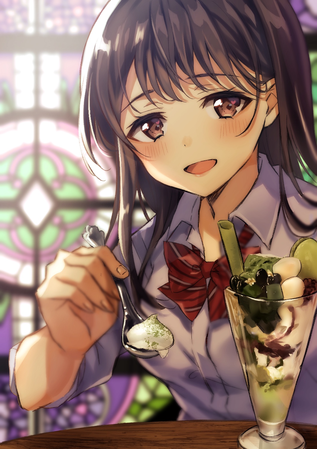 :d bangs black_hair bow bowtie brown_eyes collared_shirt commentary_request feeding highres holding holding_spoon light_blush long_hair looking_at_viewer natsuki_iori open_mouth original parfait pov_feeding red_neckwear school_uniform shirt smile solo spoon stained_glass striped striped_neckwear upper_body white_shirt
