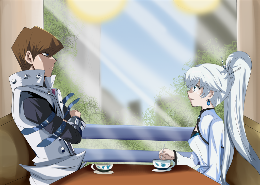 1boy 1girl arm_bands blue_eyes brown_hair commission crossed_arms crossover earrings from_side hikariangelove jewelry kaiba_seto long_hair looking_at_each_other ponytail rwby short_hair smile table tea_cups weiss_schnee white_clothes white_hair yu-gi-oh! yuu-gi-ou yuu-gi-ou_duel_monsters