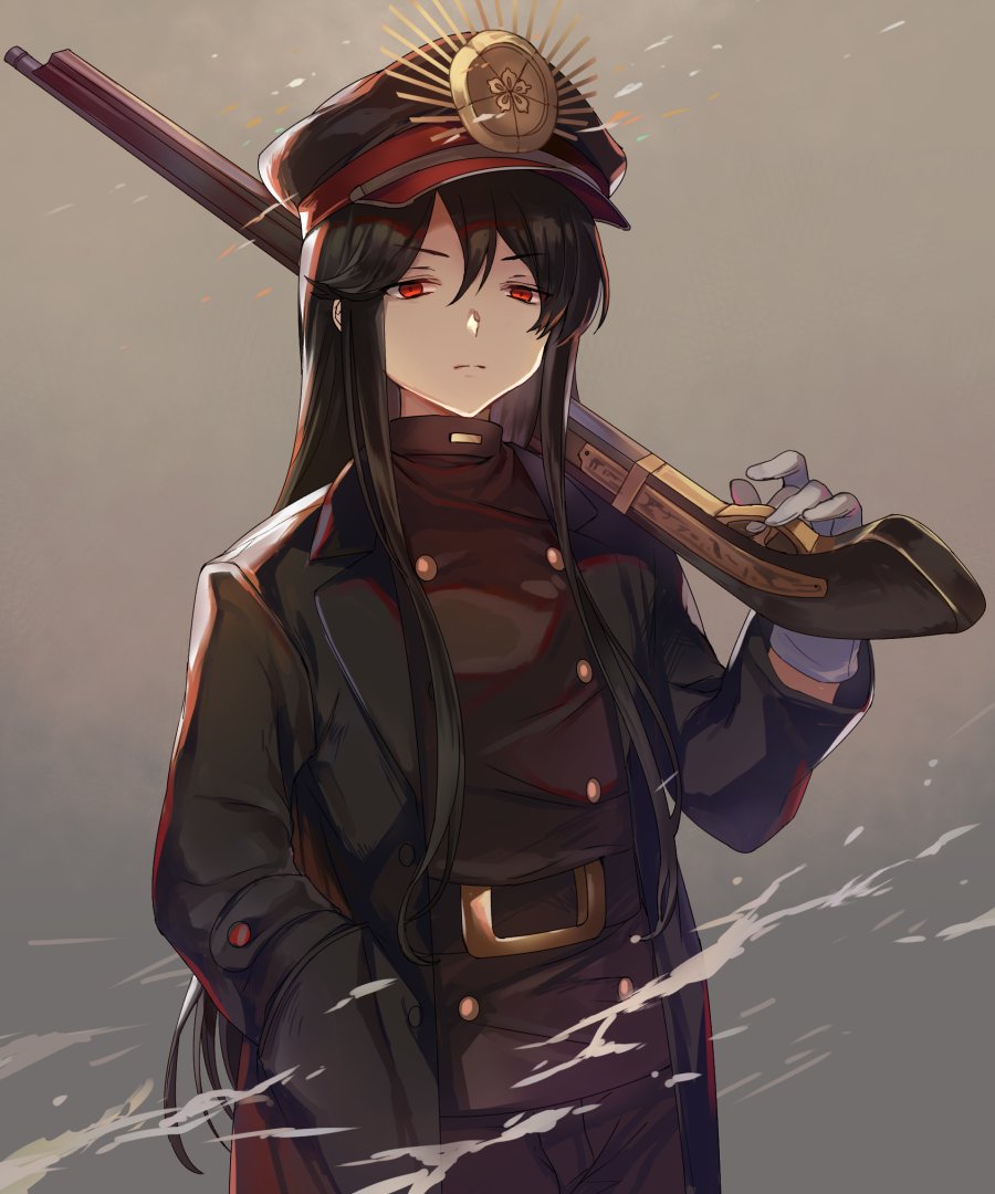 bangs belt black_coat black_hair black_hat closed_mouth coat commentary_request double-breasted family_crest fate/grand_order fate_(series) gloves gun hand_in_pocket hat koha-ace long_hair long_sleeves looking_at_viewer military military_hat military_uniform oda_nobunaga_(fate) oda_uri open_clothes open_coat over_shoulder peaked_cap red_eyes rifle uniform vivivivi weapon weapon_over_shoulder white_gloves