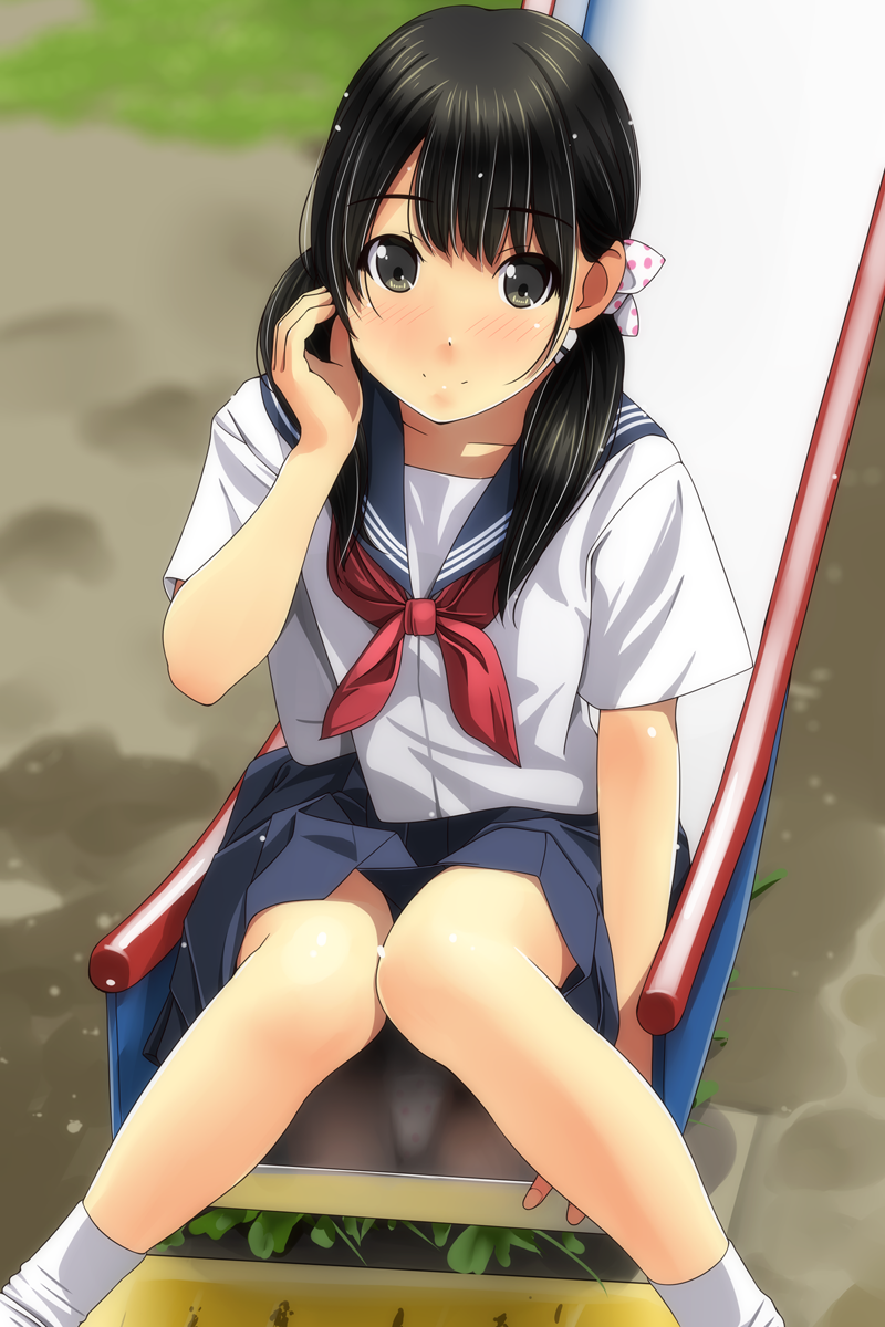 black_eyes black_hair blue_sailor_collar blue_skirt blush bow closed_mouth commentary_request day feet_out_of_frame fingernails hair_bow hair_over_shoulder hand_up highres knees_together_feet_apart long_hair low_twintails matsunaga_kouyou neckerchief nose_blush original outdoors panties pleated_skirt polka_dot polka_dot_bow polka_dot_panties red_neckwear reflection sailor_collar school_uniform serafuku shirt short_sleeves sitting skirt slide smile socks solo twintails underwear white_bow white_legwear white_panties white_shirt