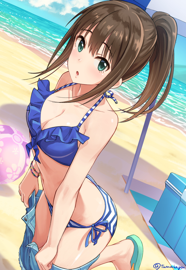 alternate_hairstyle ball bangs bare_shoulders beach beachball bikini blue_bikini blue_sky blush breasts brown_hair cleavage cloud collarbone commentary_request day denim denim_shorts eyebrows_visible_through_hair flip-flops frilled_bikini frills front-tie_top green_eyes idolmaster idolmaster_cinderella_girls long_hair looking_at_viewer medium_breasts midriff navel ocean open_clothes open_fly open_mouth open_shorts outdoors ponytail sand sandals shibuya_rin shorts side-tie_bikini sky solo standing striped striped_bikini swimsuit tamakaga twitter_username unbuttoned undressing unzipped water