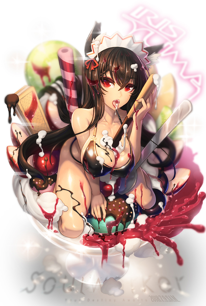 animal_ears bangs bare_shoulders between_breasts black_bikini_top blush bottomless breasts brown_hair character_name cherry cleavage collarbone copyright_name covered_nipples cream dated ecell eyebrows_visible_through_hair fingernails food food_on_body food_on_breasts fox_ears fruit hair_between_eyes ice_cream iris_yuma large_breasts long_hair looking_at_viewer maid_headdress nail_polish open_mouth oversized_object pocky red_eyes red_nails simple_background solo soul_worker spoon swimsuit tongue tongue_out very_long_hair